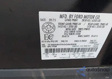 2016 Ford Explorer Platinum z USA, uszkodzony, nr VIN 1FM5K8HT6GGA65008